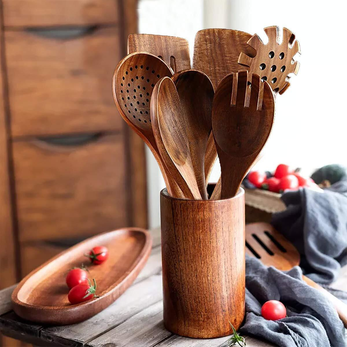 7 Piece Wooden Spoons For Cooking,Wooden Utensils For Cooking, Natural Teak Wooden Kitchen Utensils Set, Wooden Cooking Utensils