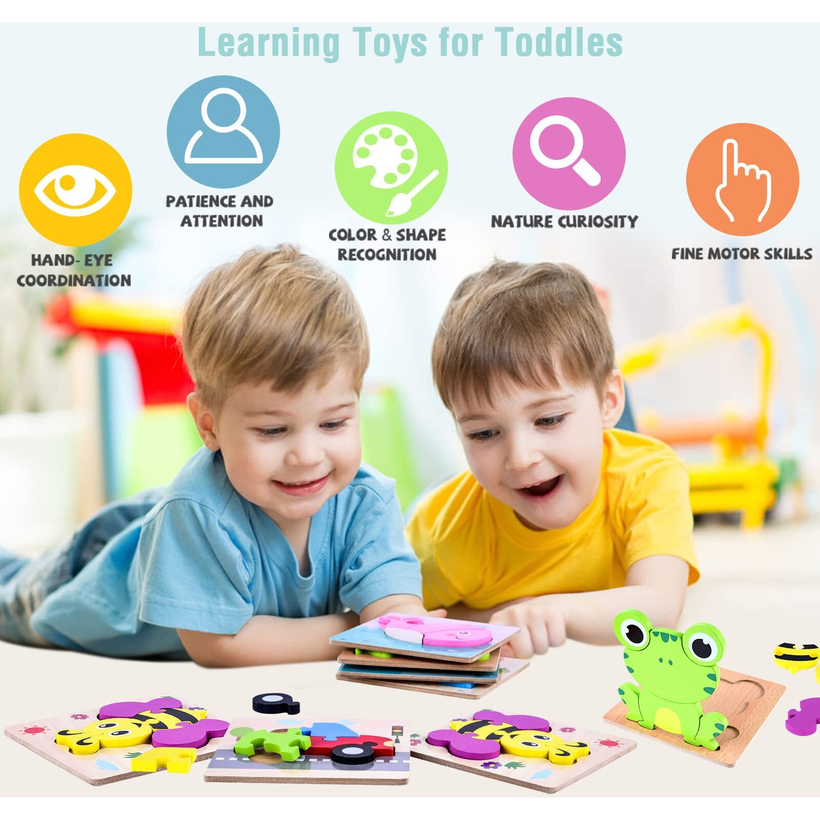 Smttw Toddler Puzzles Montessori Toys For 1 Year Old, Wooden Puzzles For Toddlers 1-3, Boys & Girls Learning Educational Toys Gift With 4 Animals&2 Vehicle Patterns With Drawstring Storage Bag