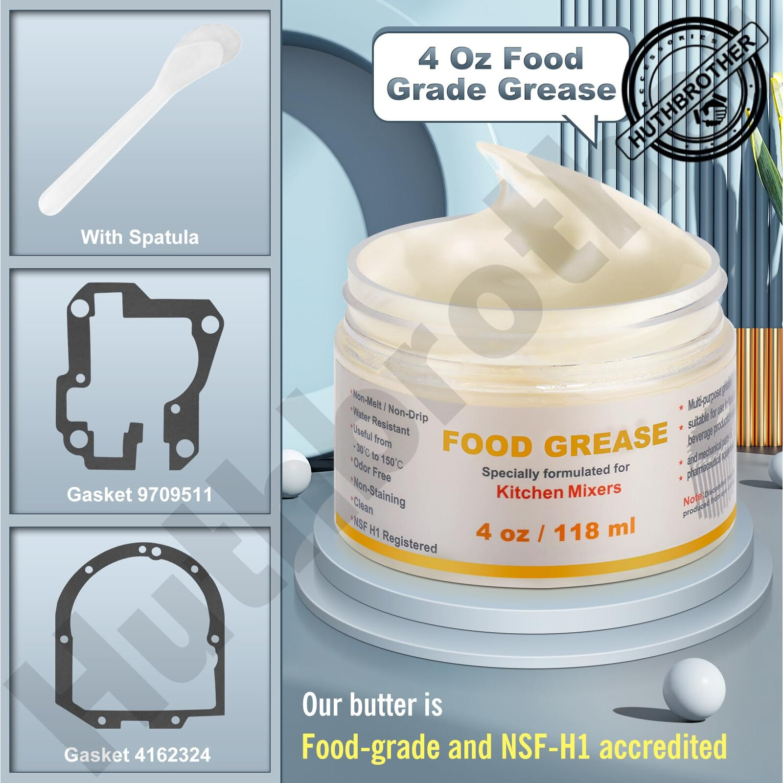 4 Oz Food Grade Grease For Kitchen Aid Stand Mixer - By Huthbrother, Universally For Kitchen Stand Mixer, Mixer Gear Attachments, Include Gasket 9709511 4162324 With Spatula, Nsf-H1 Accredited.