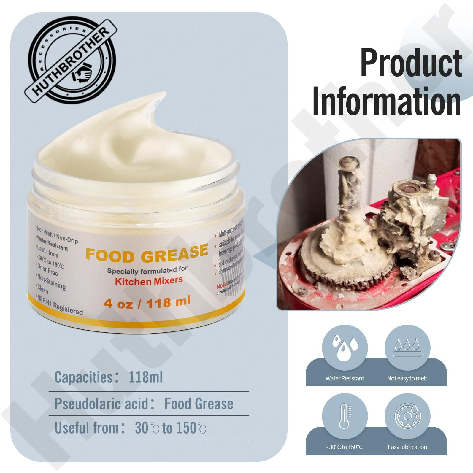 4 Oz Food Grade Grease For Kitchen Aid Stand Mixer - By Huthbrother, Universally For Kitchen Stand Mixer, Mixer Gear Attachments, Include Gasket 9709511 4162324 With Spatula, Nsf-H1 Accredited.