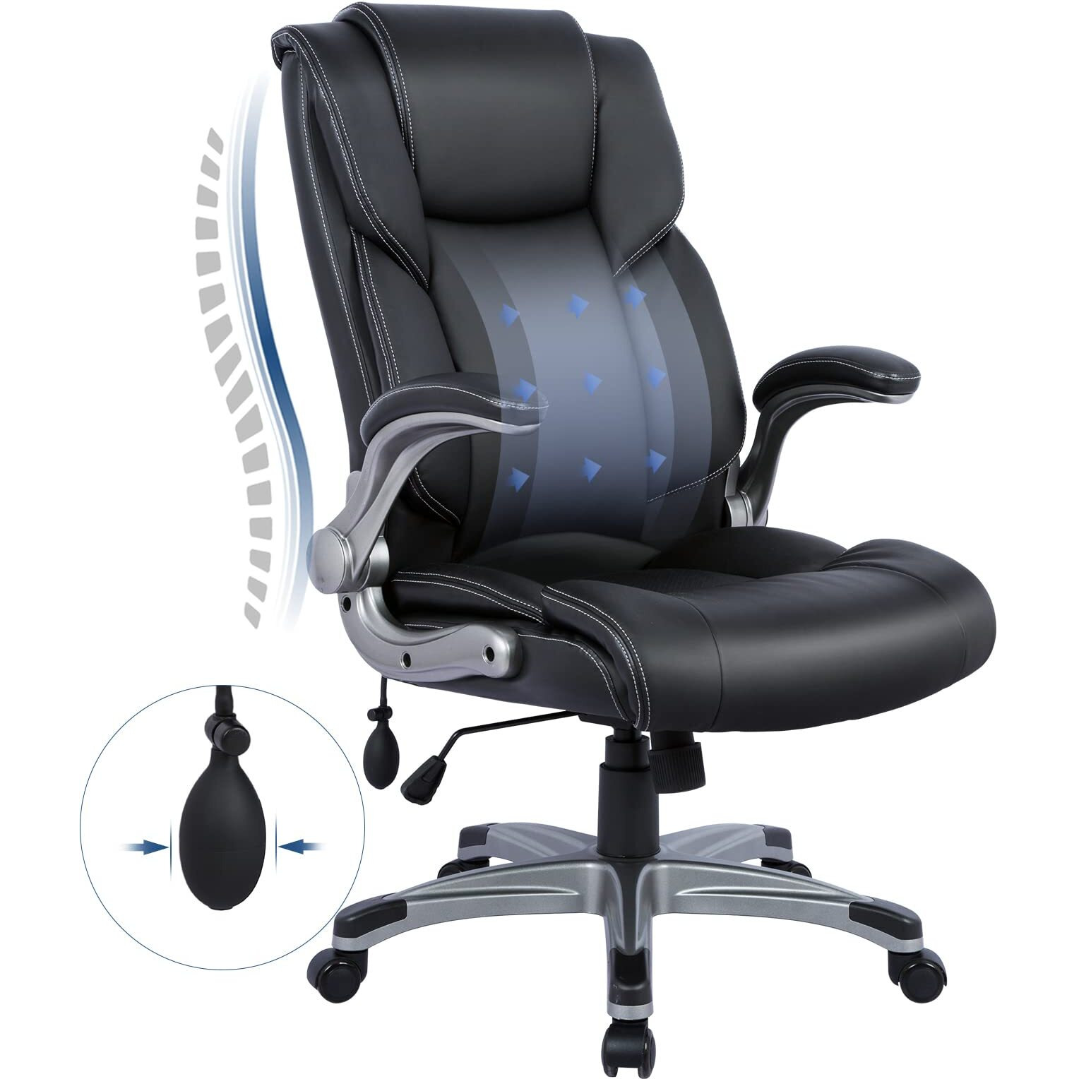Colamy High Back Executive Office Chair- Ergonomic Home Computer Desk Leather Chair With Padded Flip-Up Arms, Adjustable Tilt Lock, Swivel Rolling Chair For Adult Working Study-Black