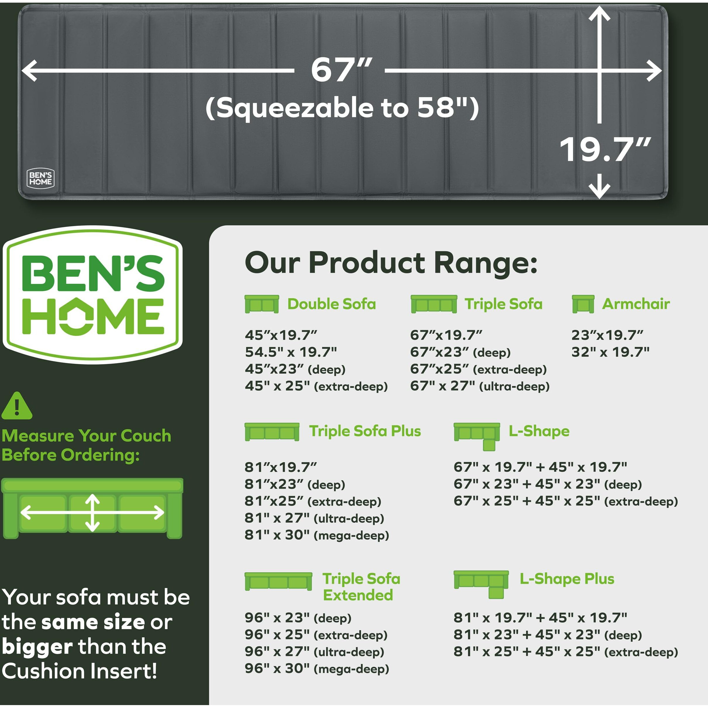 Ben'shome Couch Cushion Support For Sagging Seats | Heavy-Duty Wood Non-Slip Sofa Support | 58""-67"" X 19.7"" | Adjustable Reinforced Boards | Couch Cushion Replacement