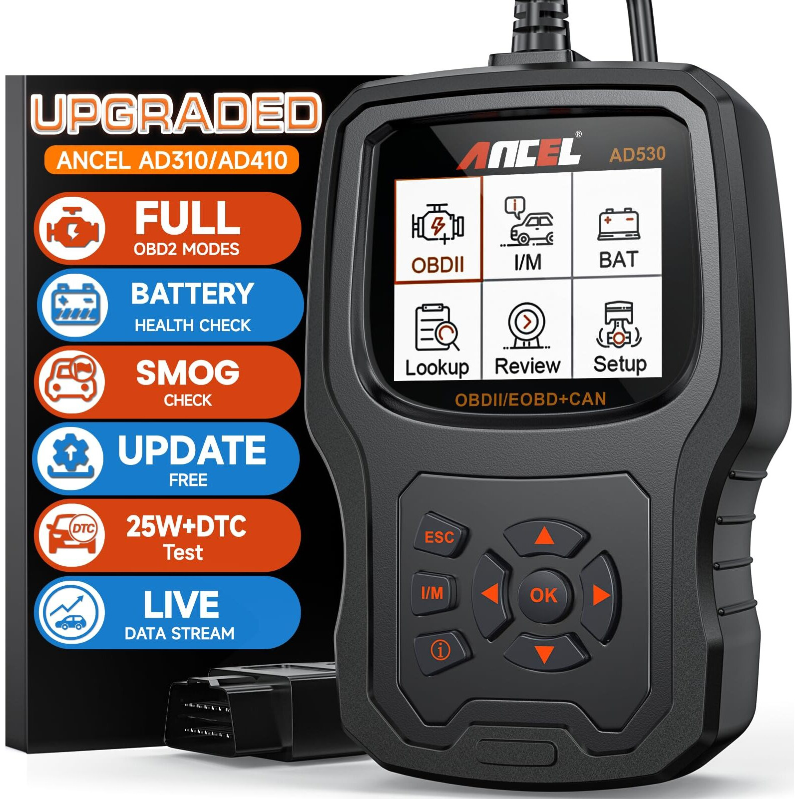 (Upgraded Ad310) Ancel Ad530 Obd2 Scanner Diagnostic Tool With Battery Test Car Engine Light Code Reader Scan Tool, All Obd2 Function Enhanced Code Definition And Upgraded Graphing Battery Status