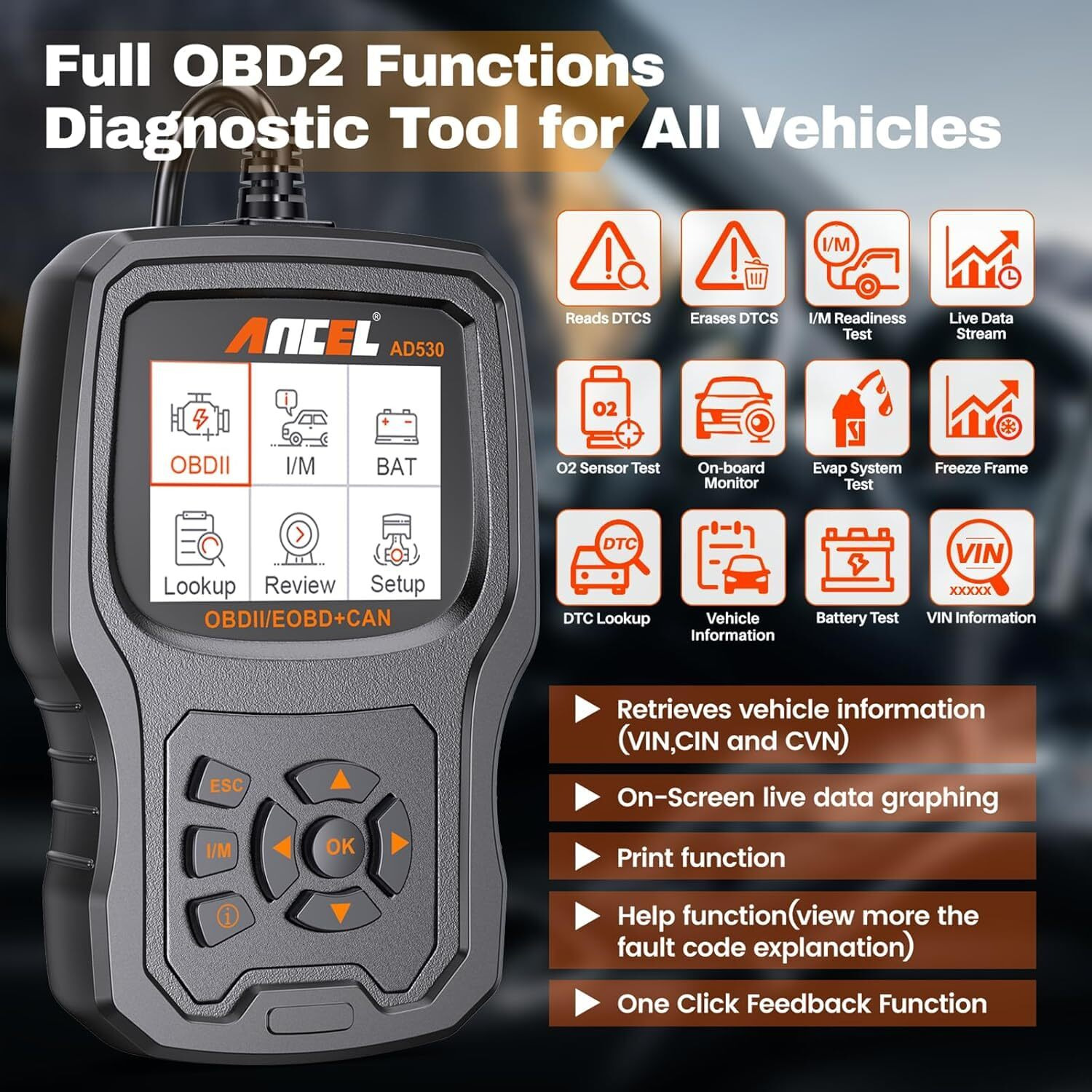 (Upgraded Ad310) Ancel Ad530 Obd2 Scanner Diagnostic Tool With Battery Test Car Engine Light Code Reader Scan Tool, All Obd2 Function Enhanced Code Definition And Upgraded Graphing Battery Status