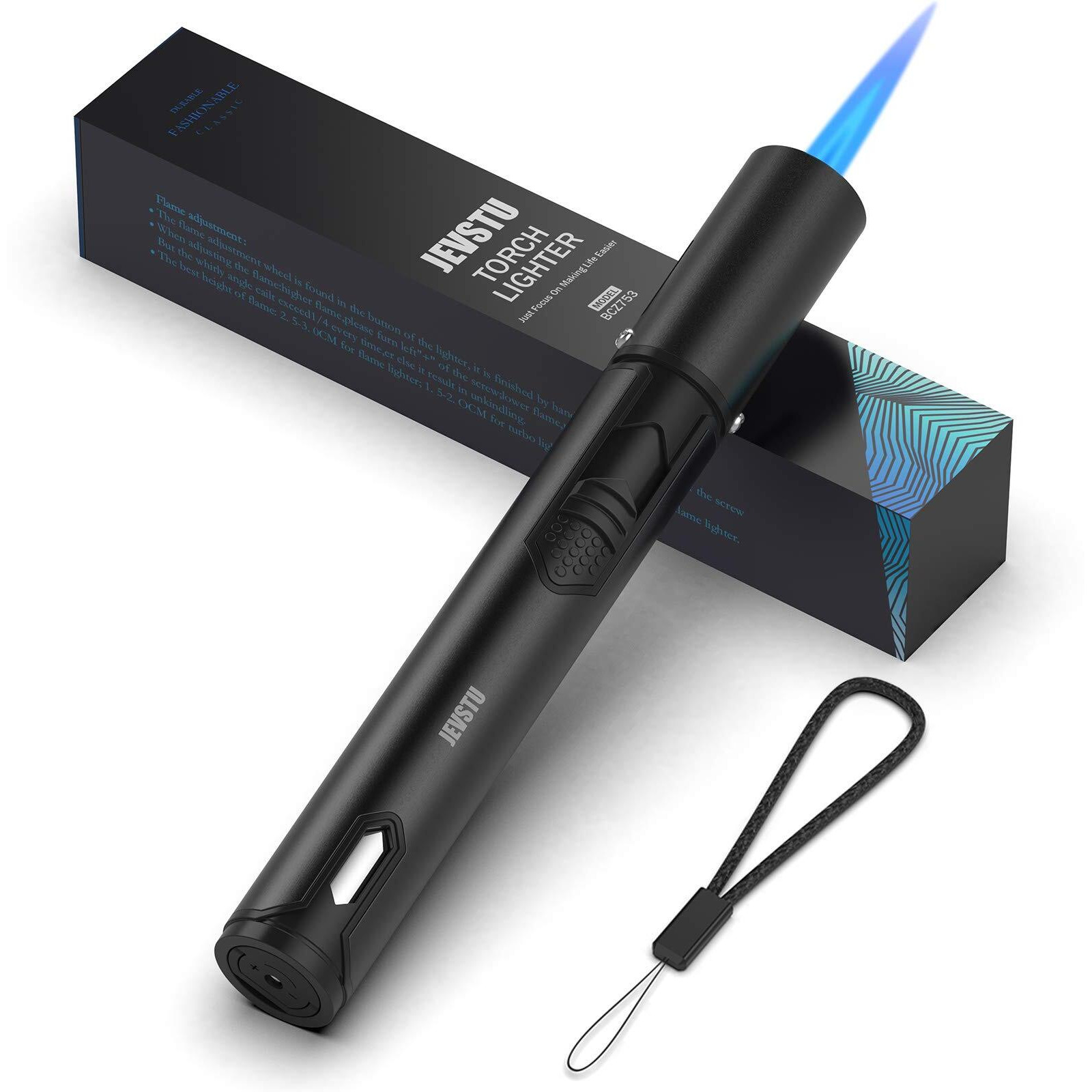 Jevstu Torch Lighter, Butane Lighter With Fuel Level Window For Candle, Adjustable Fire Jet Torch Windproof Lighter Long For Grill Cooking Survival, Mini Men Gifts, Black (Lighter Fluid Not Included)