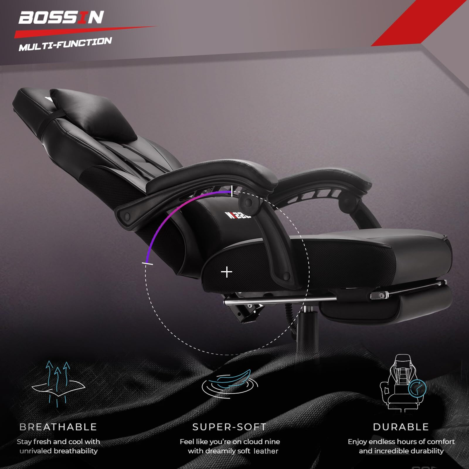 Bossin Gaming Chair With Massage, Ergonomic Heavy Duty Design With Footrest And Lumbar Support, Large Size Cushion High Back Office Chair, Big And Tall Gaming Computer Chair For Kids