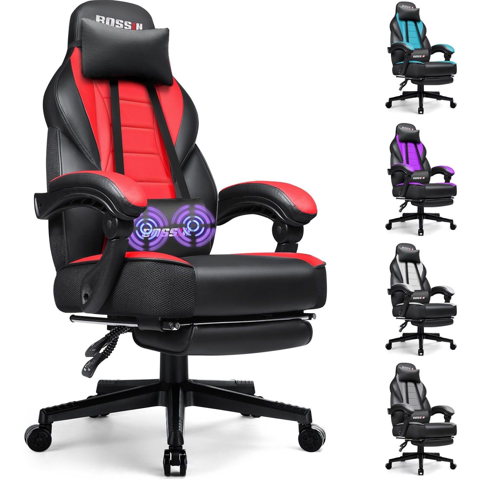 Bossin Gaming Chair With Footrest And Massage 400Lb Weight Capacity, Big And Tall Gaming Chair For Adults, Ergonomic Heavy Duty Gaming Chair With Large Size Seat And High Back