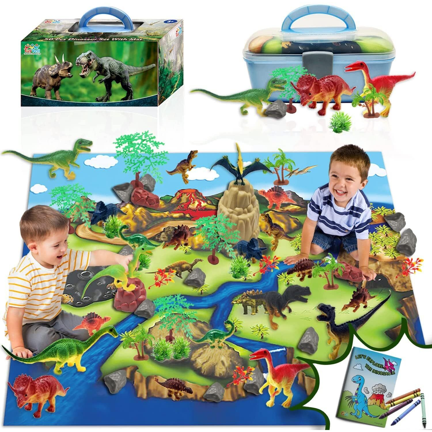 Toyvelt Dinosaur Play Set Dinosaur Toys Includes Dinosaur Figures, Trees, Rocks, Playmat, And A Beautiful Container Create A Dino World Great Gift For Boys & Girls Ages 3,4,5,6, And Up Updated Version
