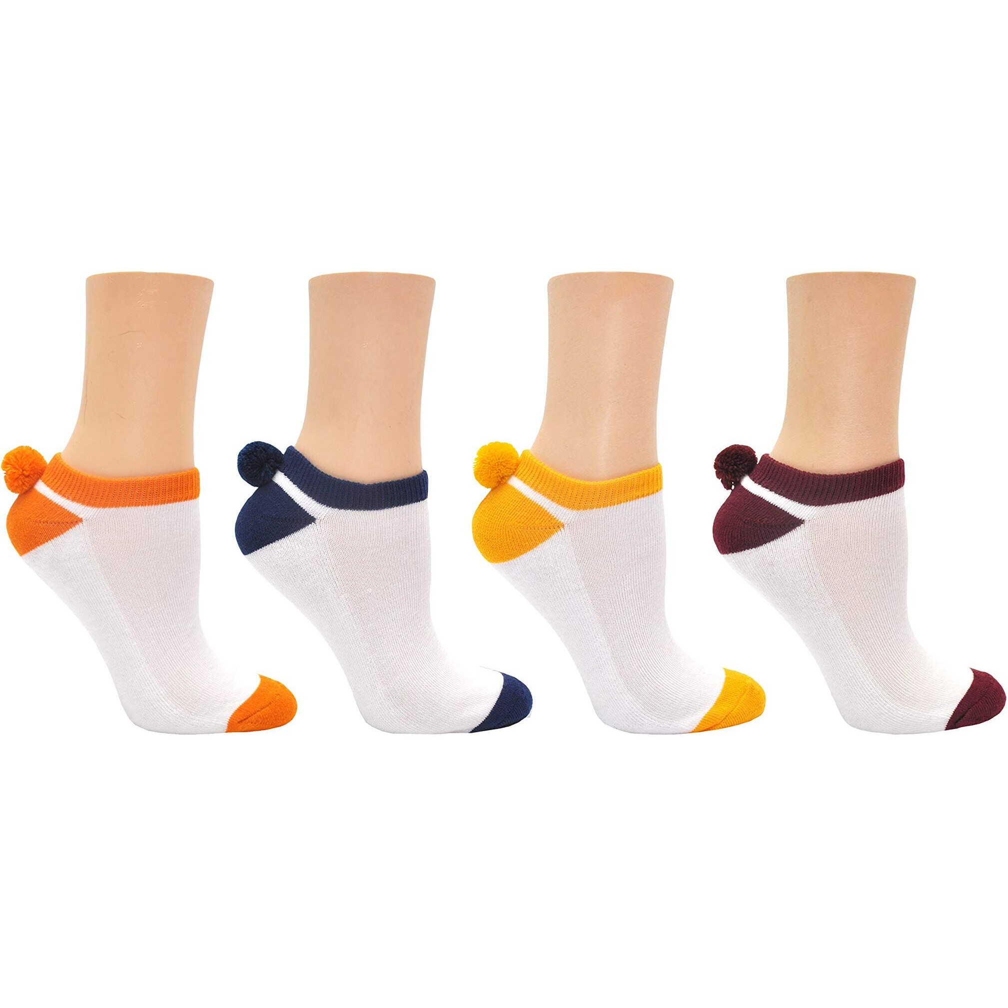Everything Legwear Sock House Co. Pom Pom Socks (4 Pair) - Team Spirit Athletic Socks - Fits Ladies Shoe Size 4-10 (Multi)