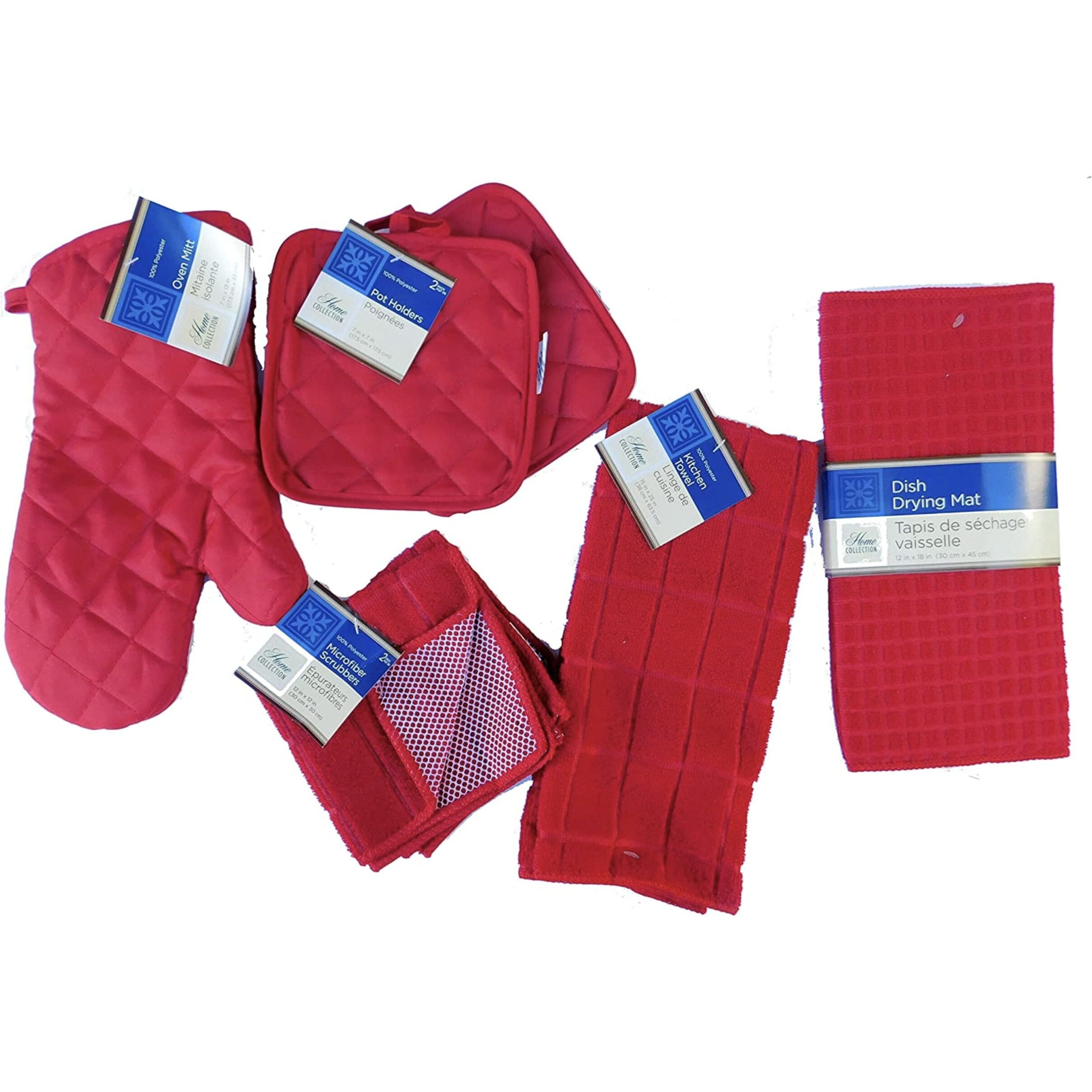 Home Collection Red Kitchen Linen Bundle Package Oven Mitts (2) Pot Holder (2) Kitchen Towel (1) Dish Cloths (2), Dish Drying Mat (1)