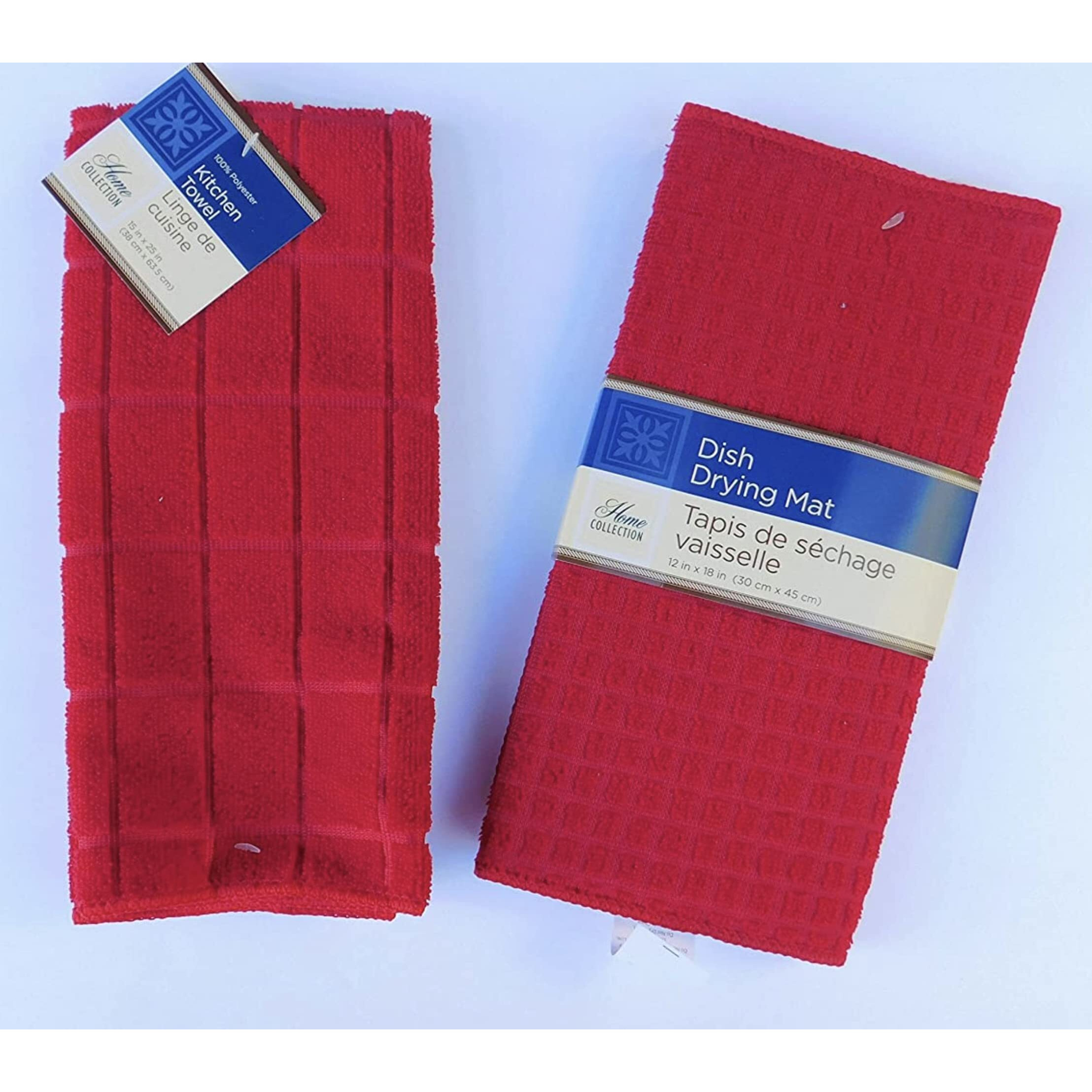 Home Collection Red Kitchen Linen Bundle Package Oven Mitts (2) Pot Holder (2) Kitchen Towel (1) Dish Cloths (2), Dish Drying Mat (1)