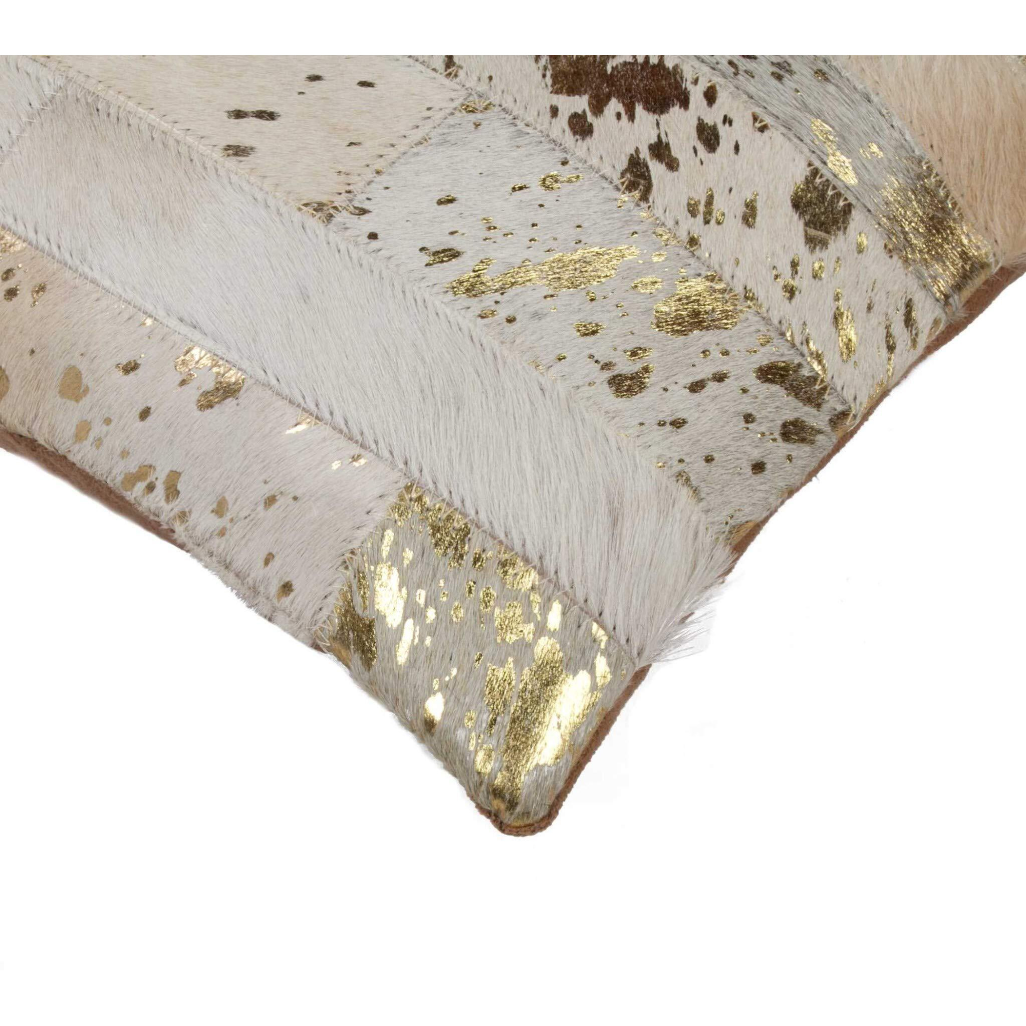 Homeroots Cowhide, Microsuede, Polyfill Torino Madrid Pillow 12"" X 20"" - Natural & Gold