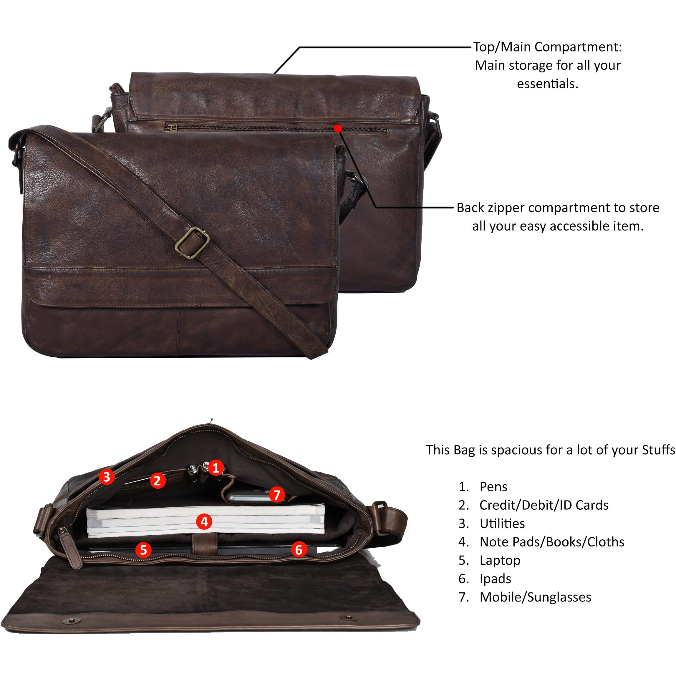 Ozora Handmade Crossbody Genuine Leather Messenger Bag For 17 Inch Laptop, Travel, Office For Men & Women