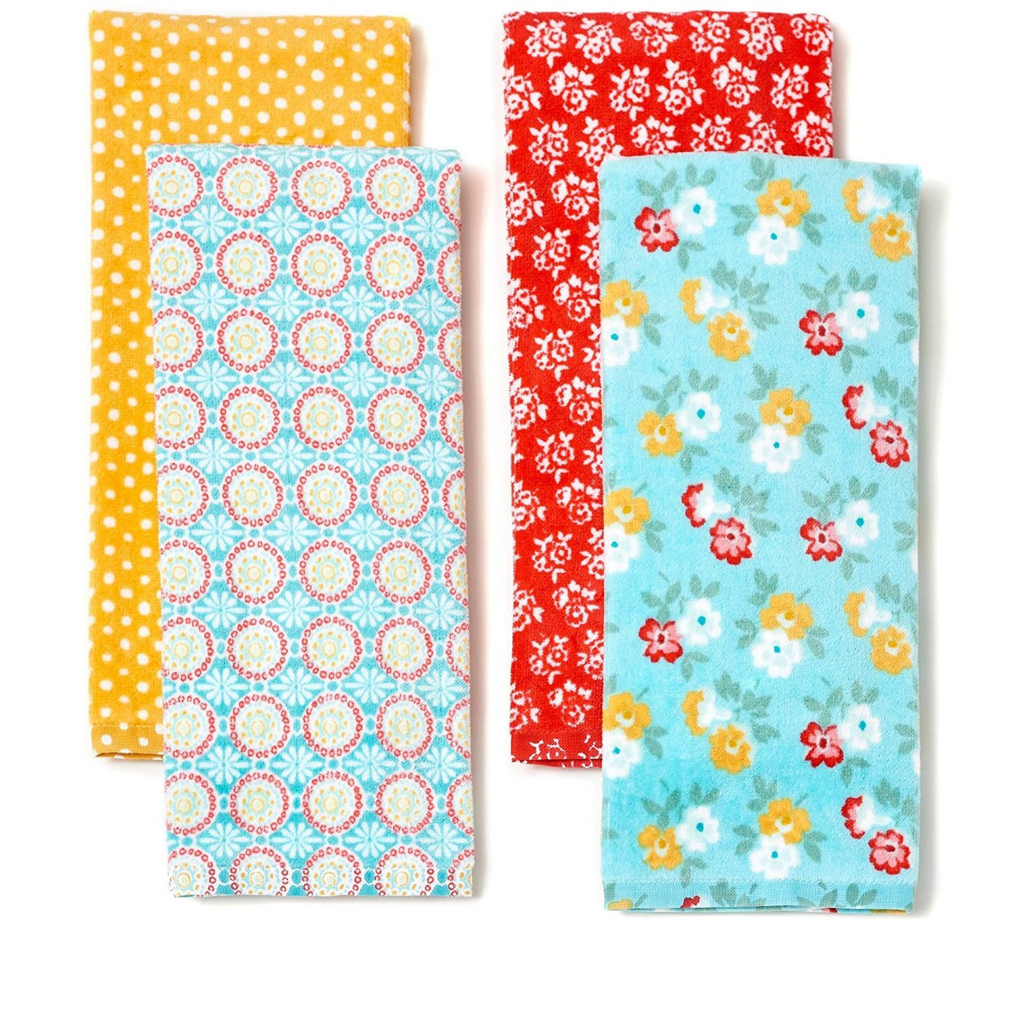 The Pioneer Woman Spring Floral Kitchen Towel Set, 4Pk, Print,Red, Teal, Yellow, White, Blue, Green