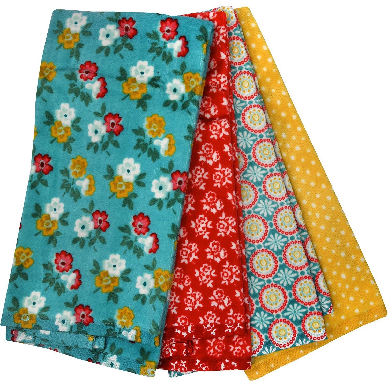 The Pioneer Woman Spring Floral Kitchen Towel Set, 4Pk, Print,Red, Teal, Yellow, White, Blue, Green