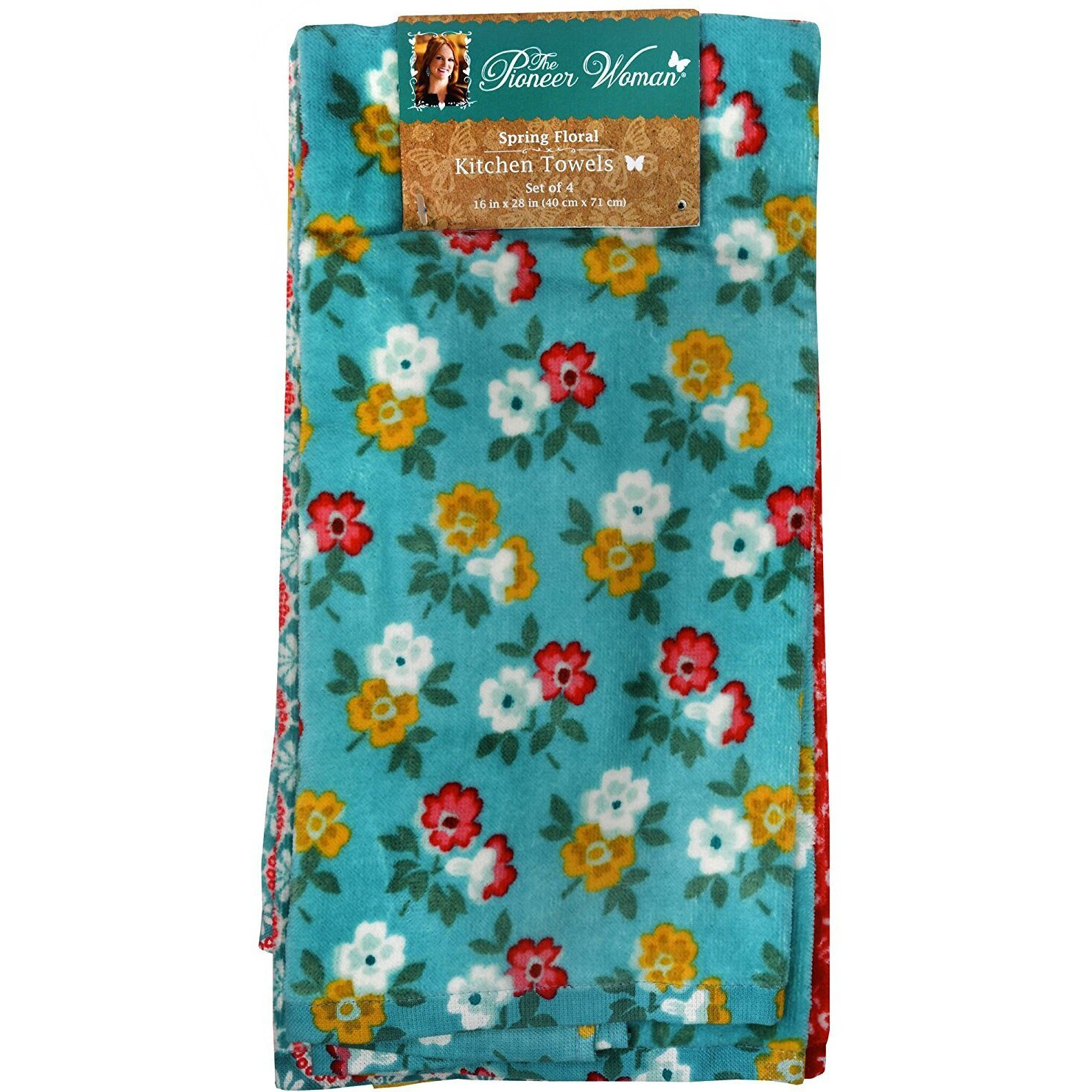 The Pioneer Woman Spring Floral Kitchen Towel Set, 4Pk, Print,Red, Teal, Yellow, White, Blue, Green