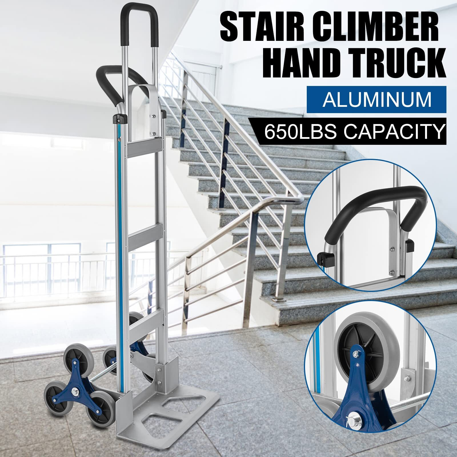 Topdeep 2 In 1 Aluminum Hand Truck 650 Lb Capacity, Heavy Duty Stair Climbing Cart With 6 Wheels, Convertible Hand Truck And Dolly With Loop Handle