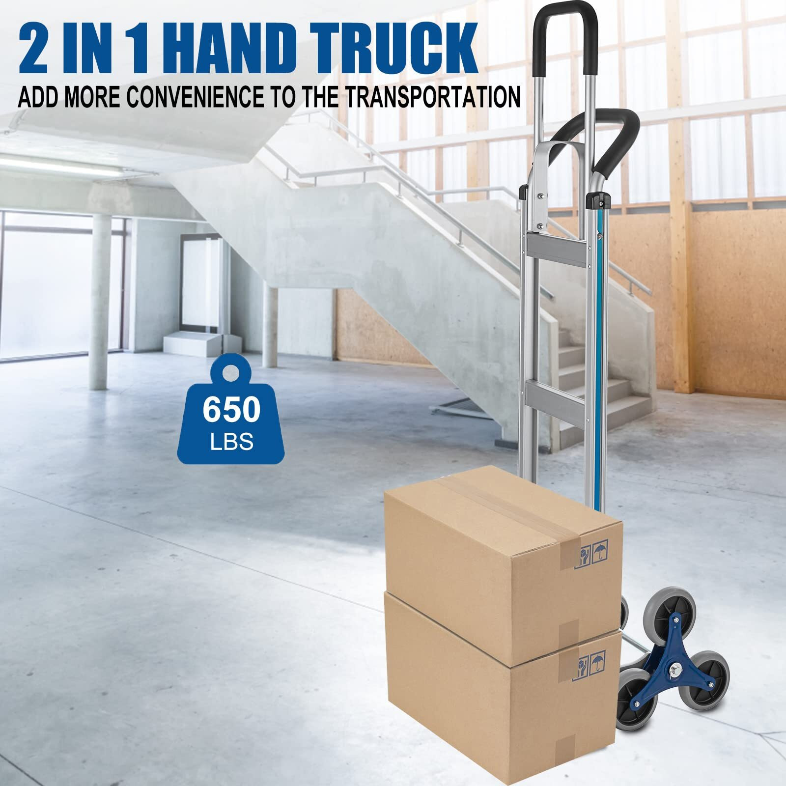 Topdeep 2 In 1 Aluminum Hand Truck 650 Lb Capacity, Heavy Duty Stair Climbing Cart With 6 Wheels, Convertible Hand Truck And Dolly With Loop Handle