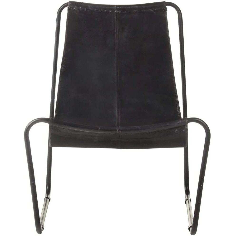 Vidaxl Black Real Leather Relaxing Chair- Vintage-Style Home Accent Seat With Powder-Coated Iron Frame - Durable, Comfortable And Industrial Design