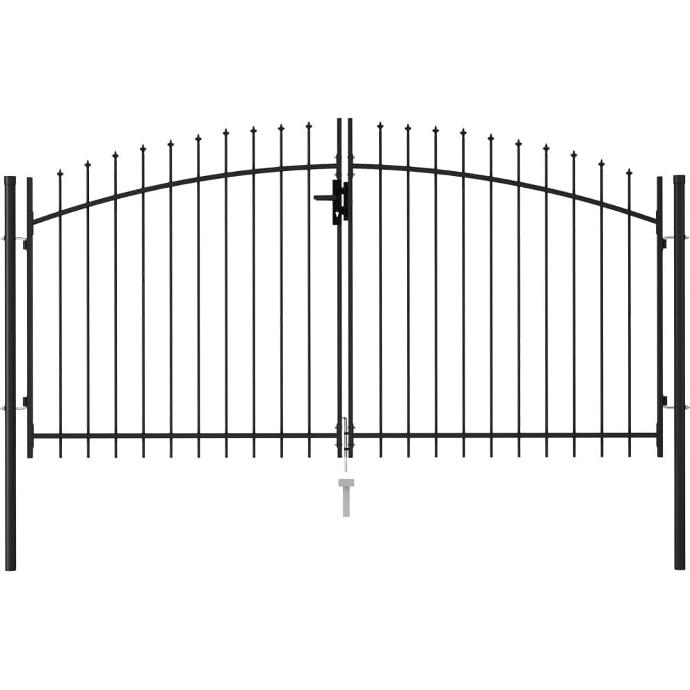 Vidaxl Fence Gate Double Door With Spike Top Steel Garden Lawn Barrier Drive Gate Fencing Metal Stockade Courtyard Outdoor Structure 9.8'X4.9' Black