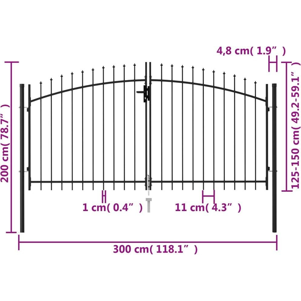 Vidaxl Fence Gate Double Door With Spike Top Steel Garden Lawn Barrier Drive Gate Fencing Metal Stockade Courtyard Outdoor Structure 9.8'X4.9' Black