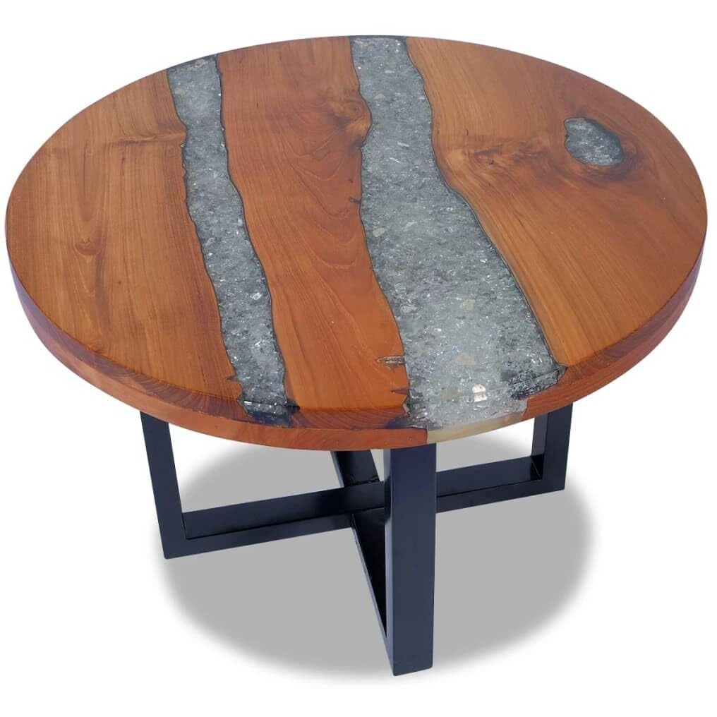 Vidaxl Teak Resin Coffee Table - Solid Round Multicolor Tabletop With Clear Lacquer Finish - Urban Industrial Coffee/Low Table - Mango Wood Base