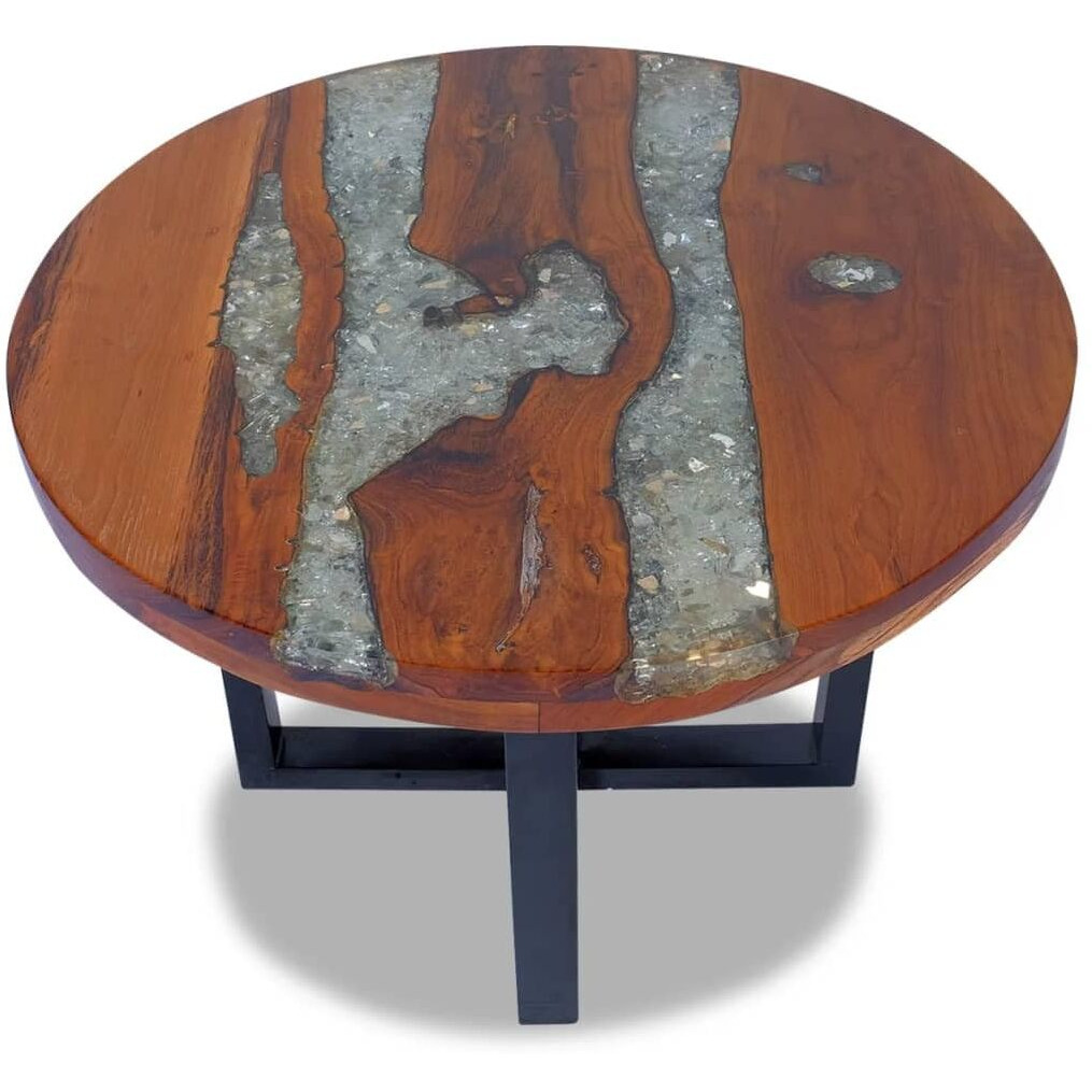 Vidaxl Teak Resin Coffee Table - Solid Round Multicolor Tabletop With Clear Lacquer Finish - Urban Industrial Coffee/Low Table - Mango Wood Base