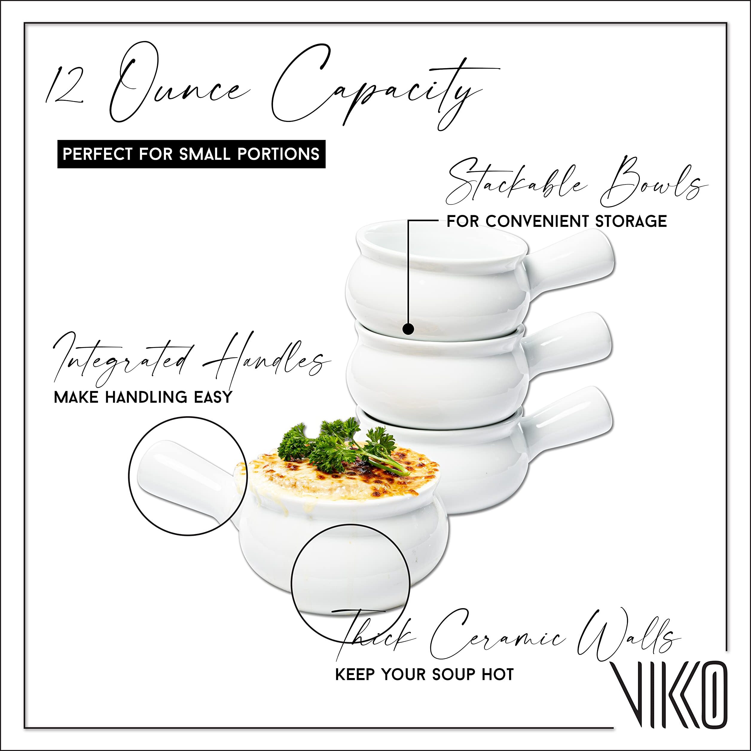 Vikko Soup Bowls, Set Of 4 Soup Bowls With Handles, 10 Ounce,Microwave Safe, French Onion Soup Crocks Oven Safe, Porcelain Soup Bowls