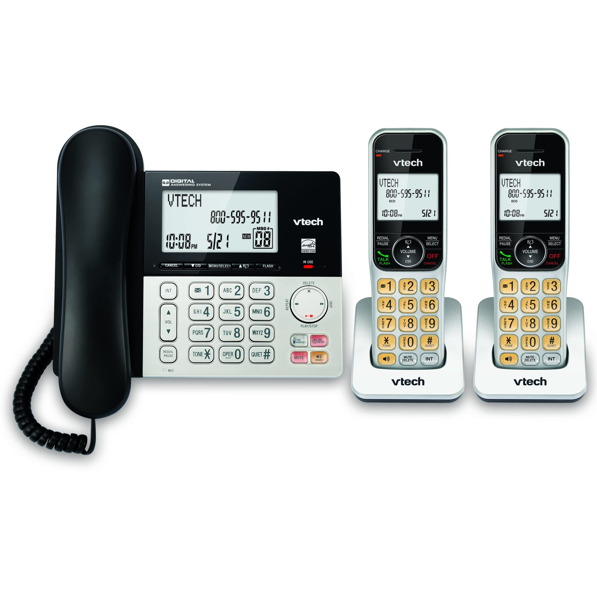 Vtech Vg208-2 Dect 6.0 2-Handsets Corded/Cordless Phone For Home With Answering Machine, Call Blocking, Caller Id, Large Backlit Display, Duplex Speakerphone, Intercom, Line-Power