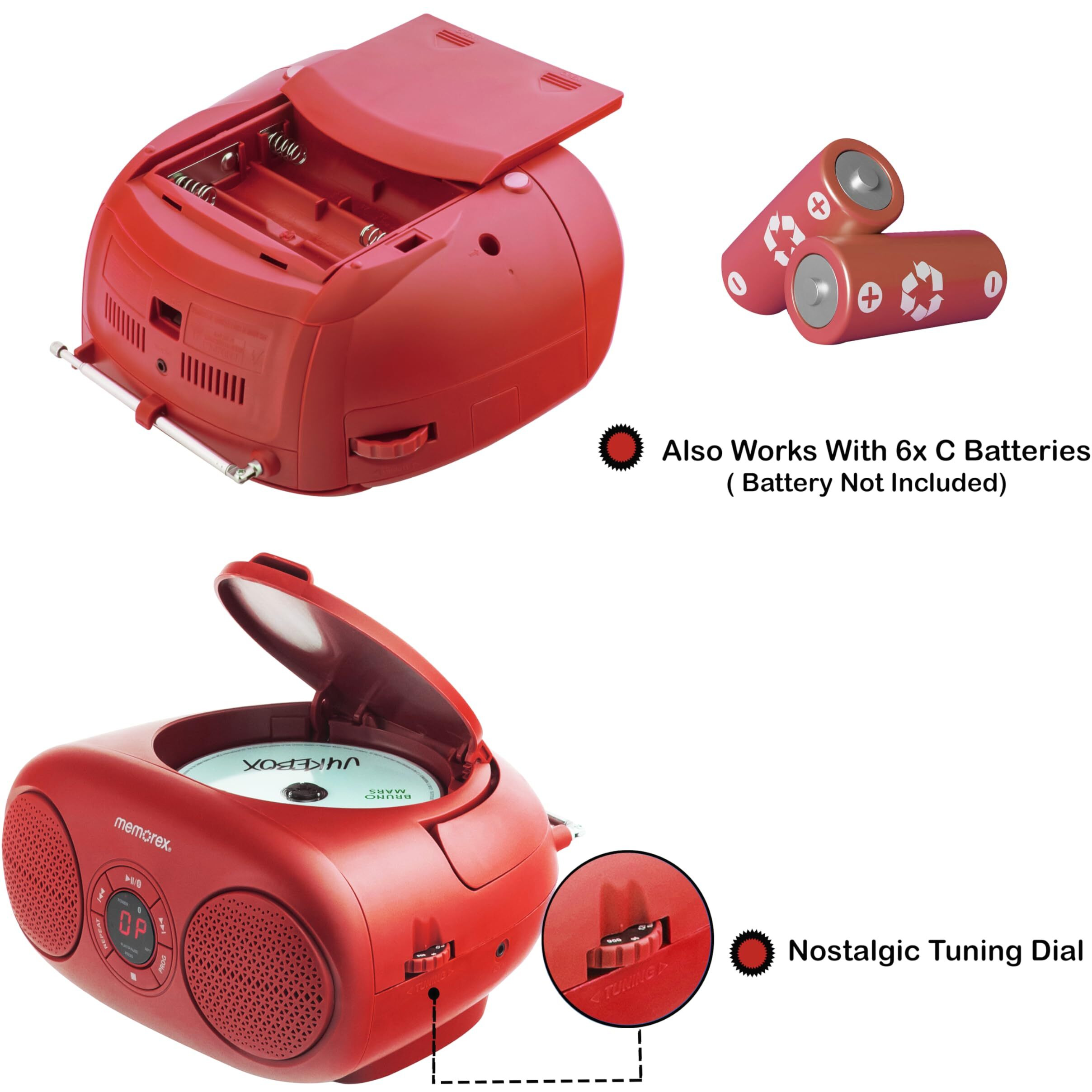 Memorex Am/Fm Top Loading Cd Player | Portable Stereo With Programmable Memory | Auxiliary Input And Led Display (Red)