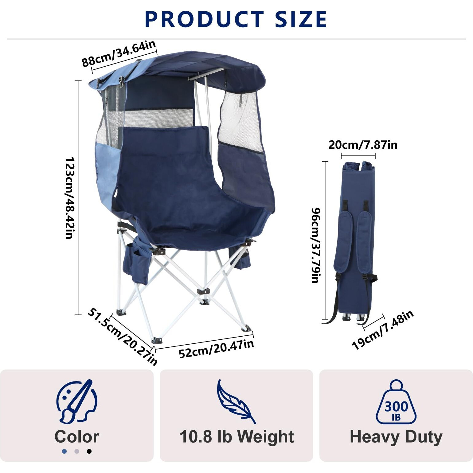 Folding Camping Chairs Canopy Outdoor Sports Portable Beach Chair With Canopy-Lawn Beach Chairs With Umbrella For Adults-Camping Chair With Shade For Fishing Camp Heavy Duty (Regular, Navy Blue)
