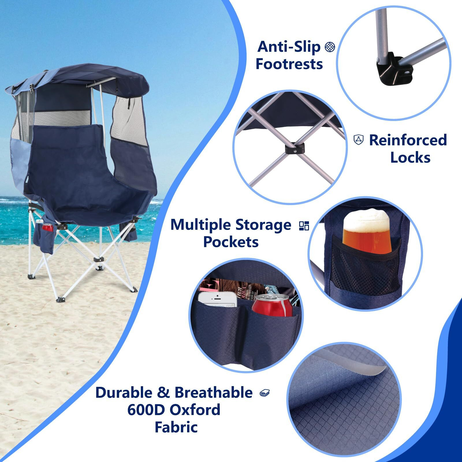Folding Camping Chairs Canopy Outdoor Sports Portable Beach Chair With Canopy-Lawn Beach Chairs With Umbrella For Adults-Camping Chair With Shade For Fishing Camp Heavy Duty (Regular, Navy Blue)