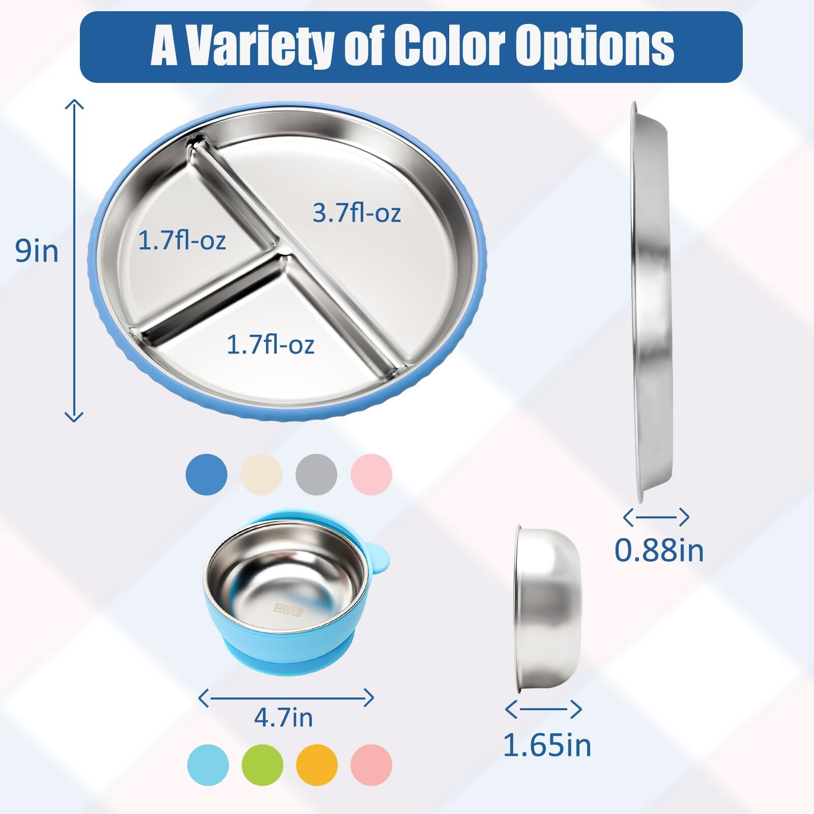 Misslili Stainless Steel Kids Plates And Bowls With Suction, Divided Baby Plate And Toddler Bowl With Removable Silicone Suction, Non-Slip Baby Feeding Set Dishwasher Safe, 4 Packs