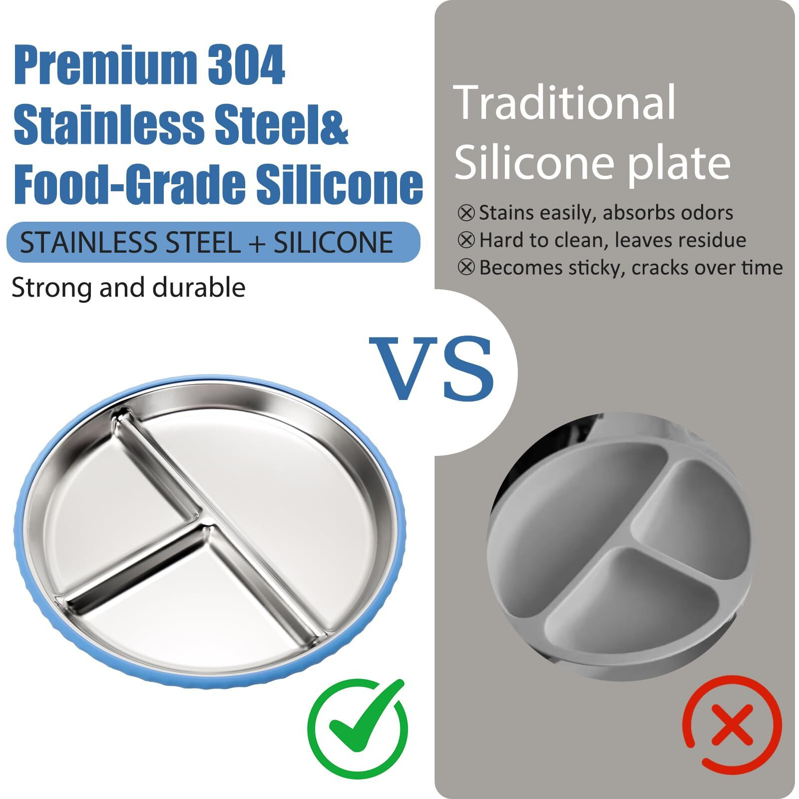 Misslili Stainless Steel Kids Plates And Bowls With Suction, Divided Baby Plate And Toddler Bowl With Removable Silicone Suction, Non-Slip Baby Feeding Set Dishwasher Safe, 4 Packs