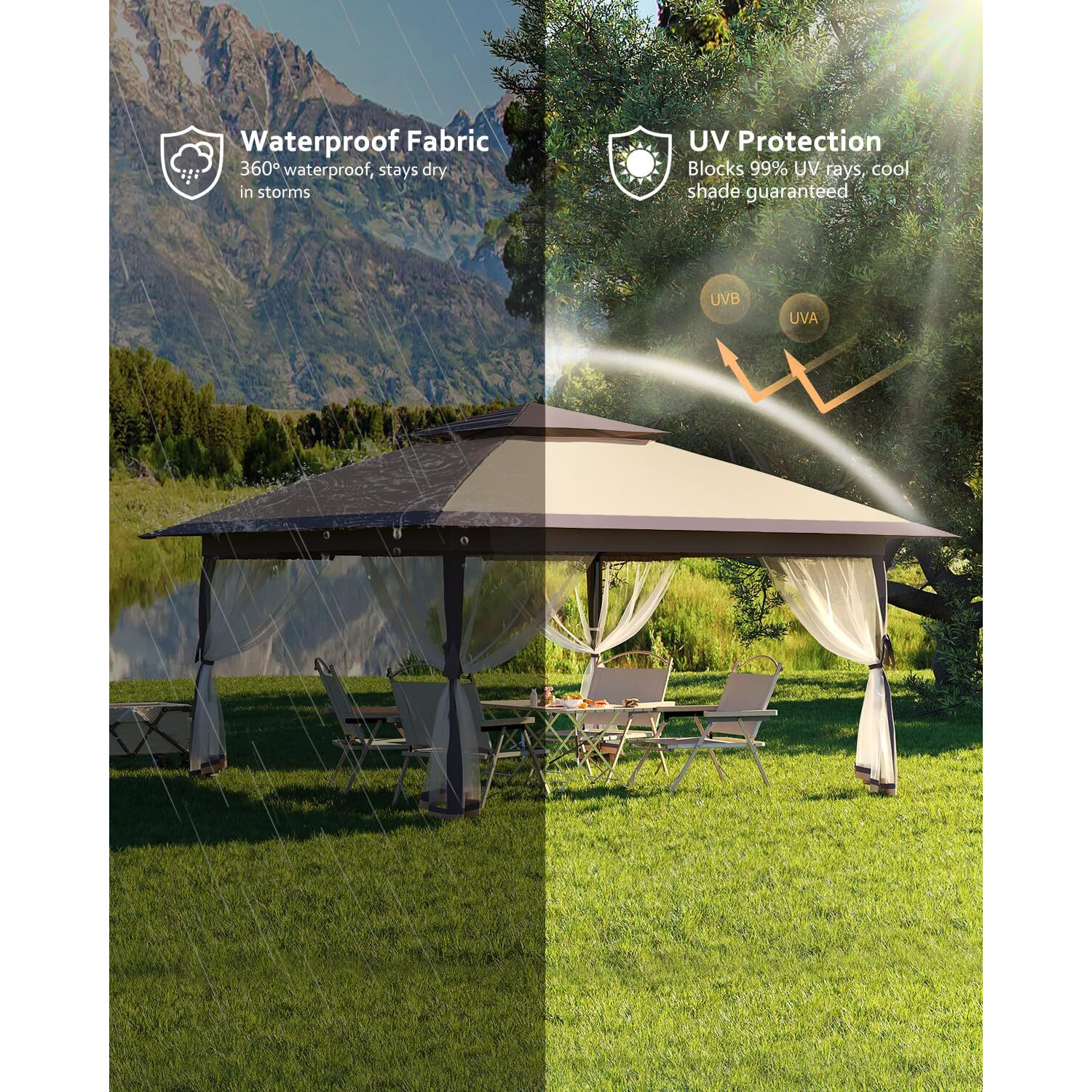 12X12 Canopy Tent, Pop Up Gazebo With Mosquito Netting, Outdoor Gazebo With 4 Sandbags & Wheeled Bag, Pop Up Canopy For Backyard & Patio Furniture, Patio, Deck
