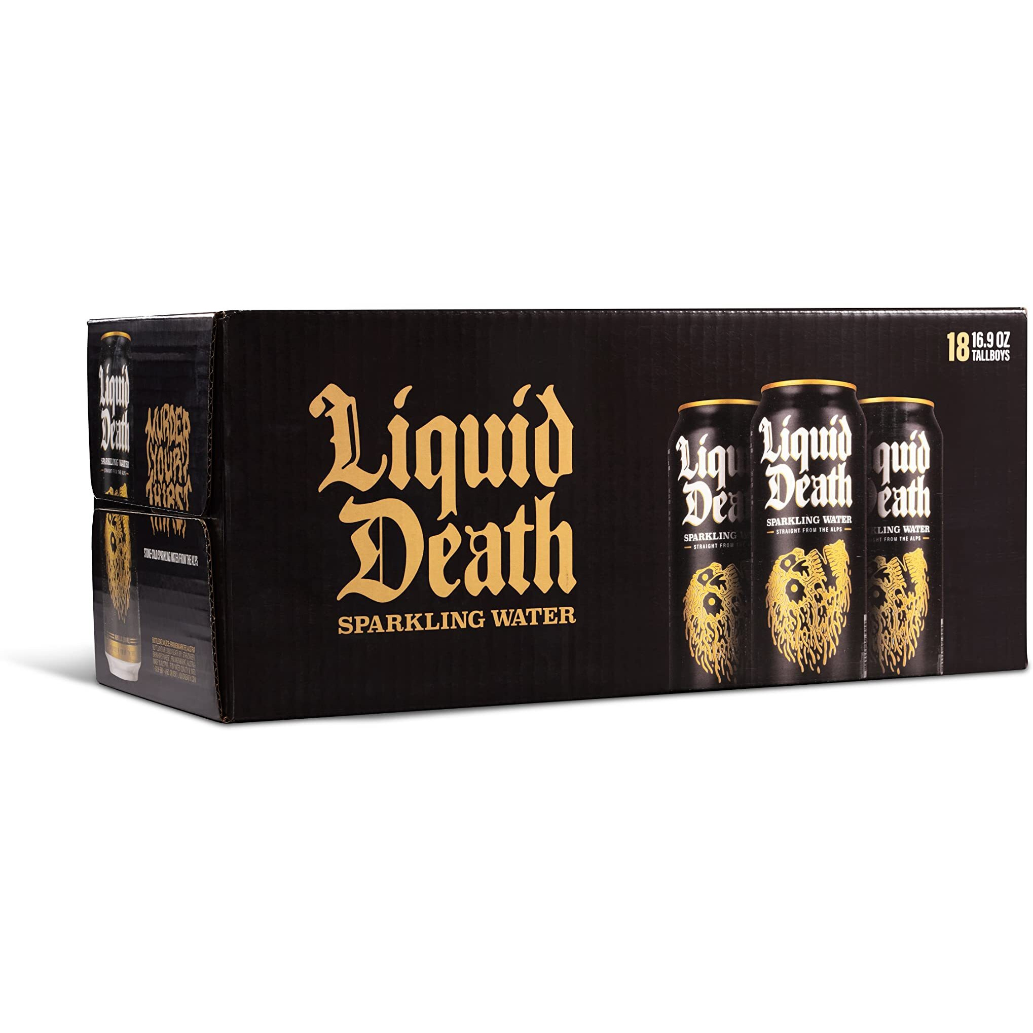 Liquid Death, Sparkling Mountain Water, 18-Pack (Tallboy Size 16.9Oz Cans), Real Mountain Source, Natural Minerals & Electrolytes