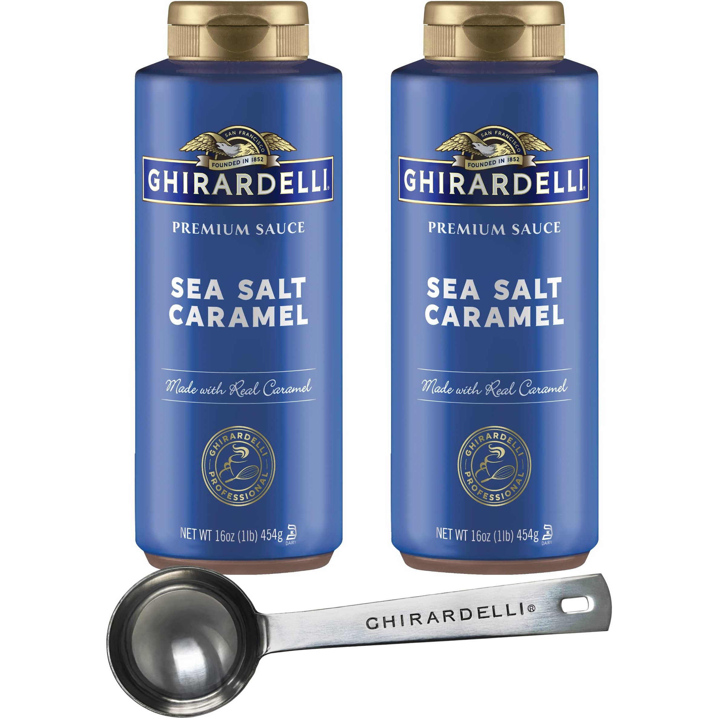 Ghirardelli Sea Salt Caramel Premium Sauce 16 Oz Squeeze Bottle (Pack Of 2) With Ghirardelli Stamped Barista Spoon