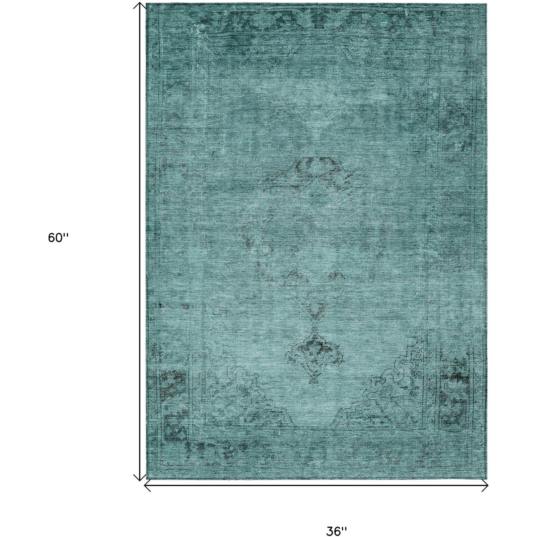 3' X 5' Teal Blue Turquoise And Charcoal Oriental Washable Indoor Outdoor Area Rug