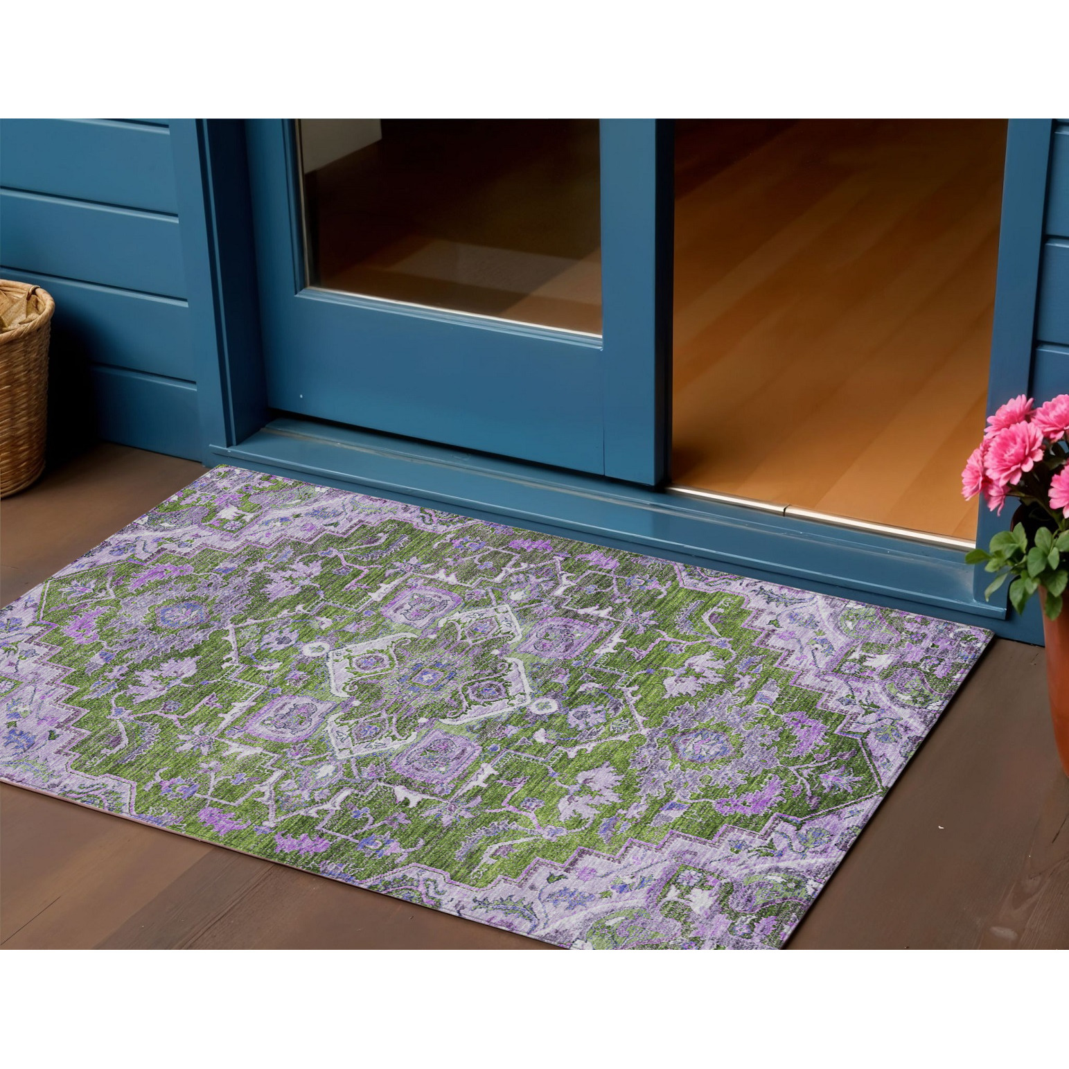 3' X 5' Olive Green And Purple Oriental Washable Indoor Outdoor Area Rug