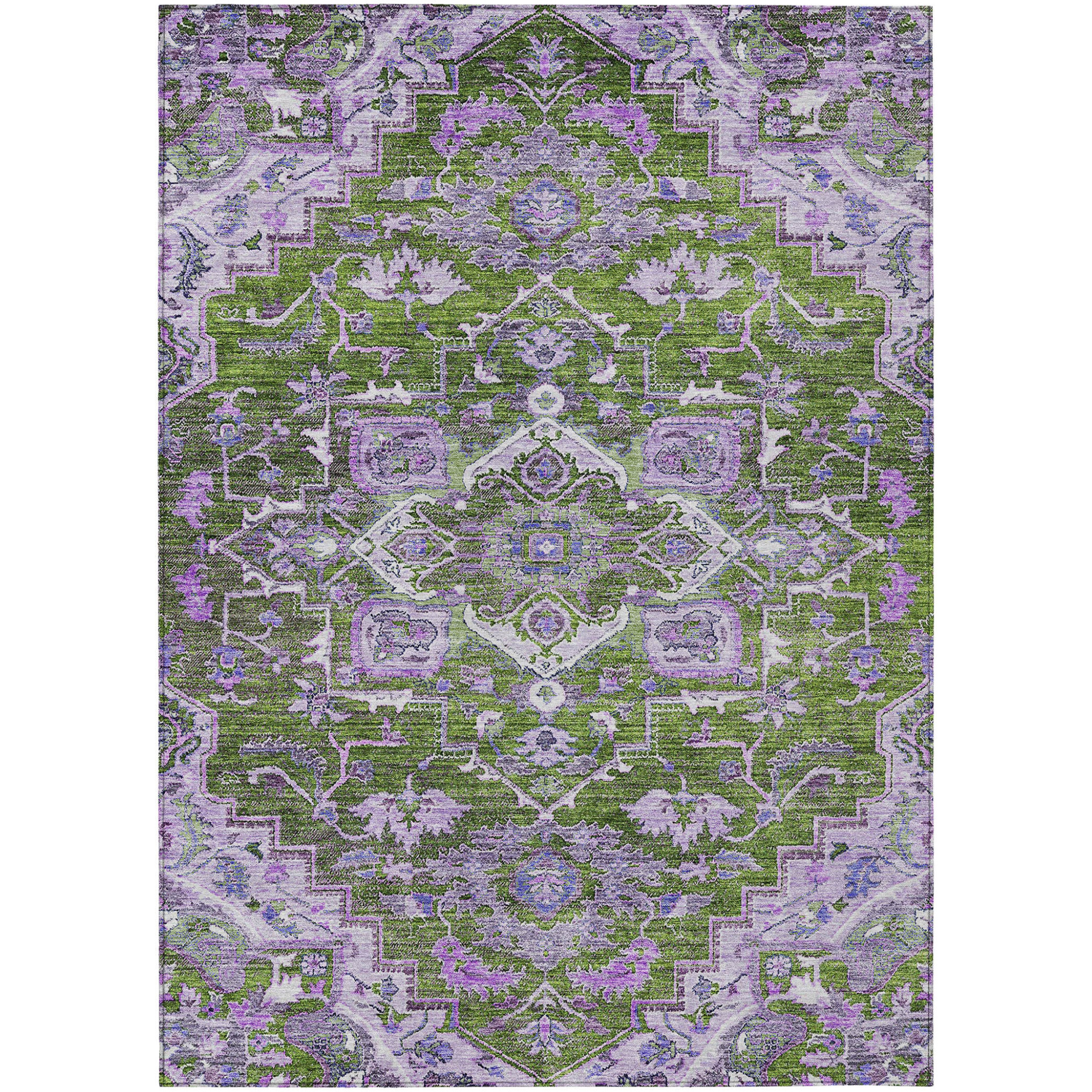 3' X 5' Olive Green And Purple Oriental Washable Indoor Outdoor Area Rug