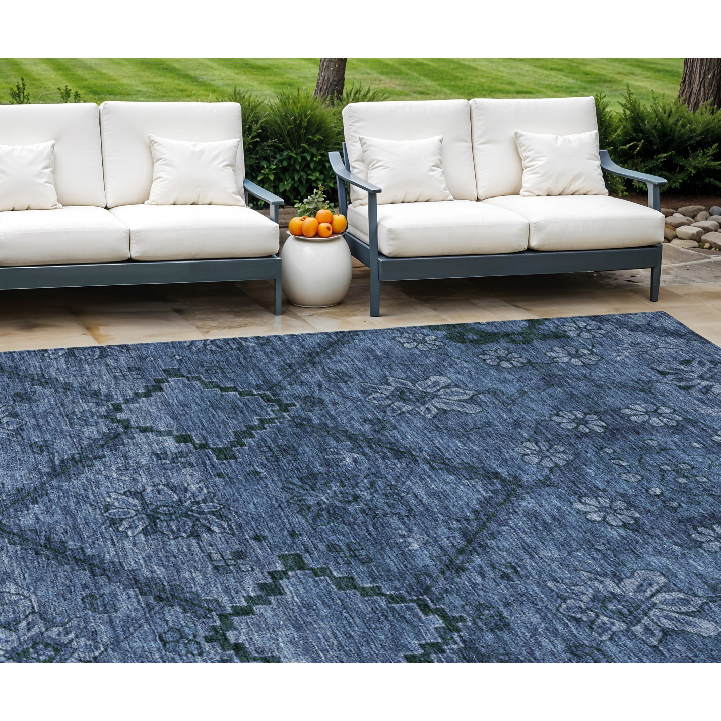9' X 12' Navy Blue And Denim Blue Floral Washable Indoor Outdoor Area Rug