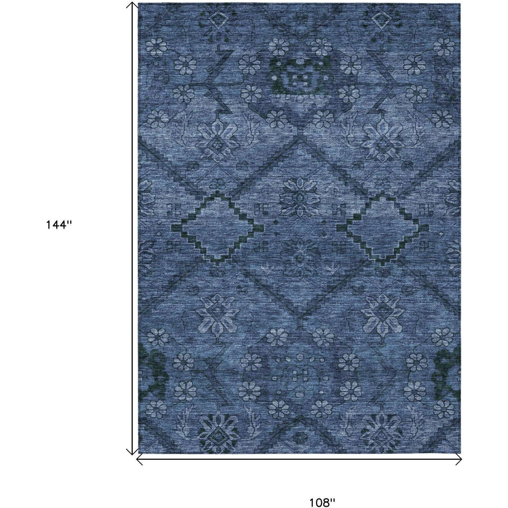 9' X 12' Navy Blue And Denim Blue Floral Washable Indoor Outdoor Area Rug