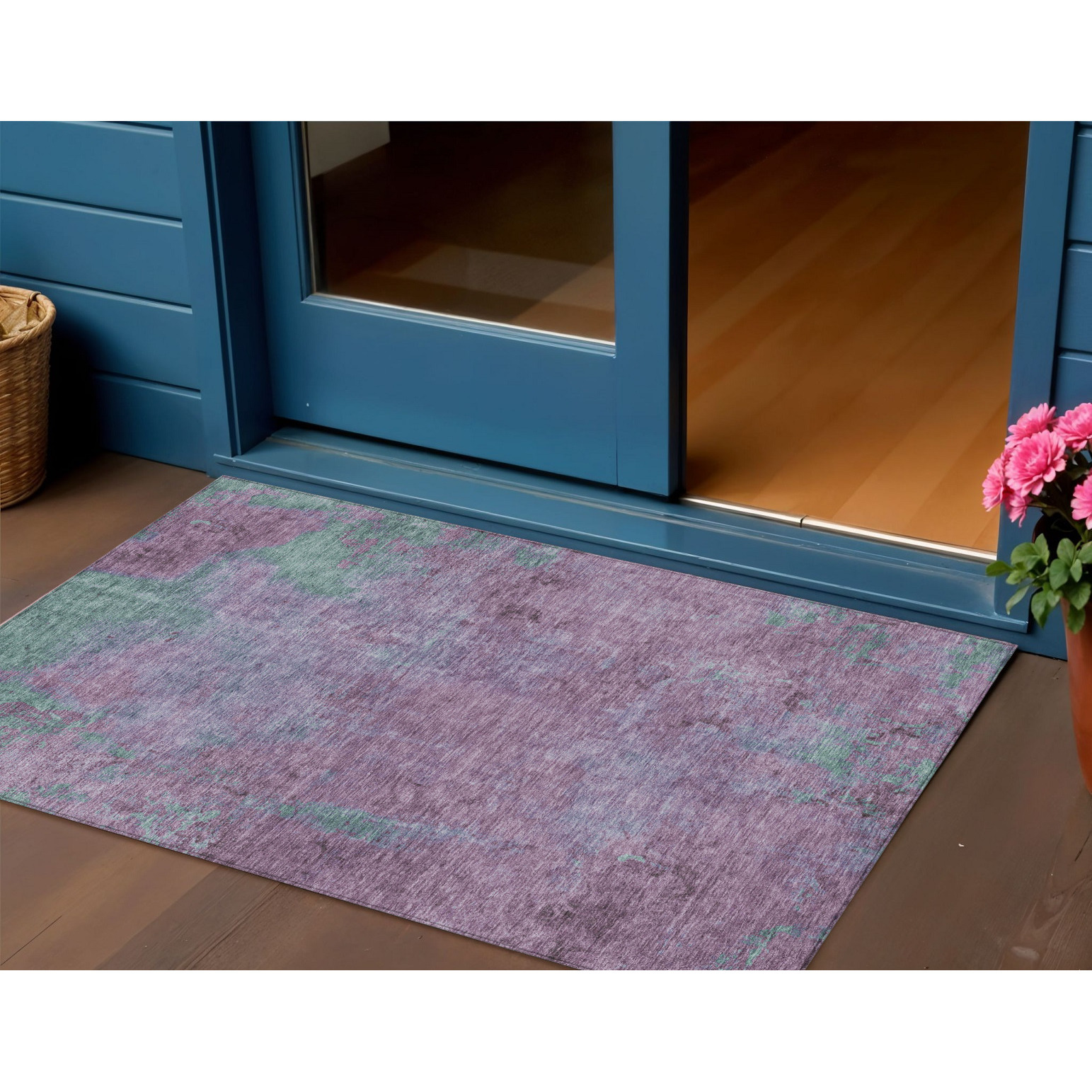 3' X 5' Lavender And Teal Blue Abstract Washable Indoor Outdoor Area Rug