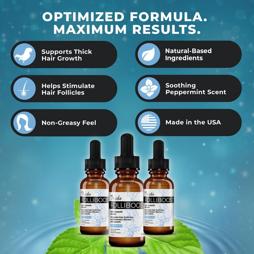 Tricho Labs Folliboost Hair Growth Serum - Natural-Based Formula With Biotin, Anagain, Baicapil, Peppermint Oil, For Thick, Full Hair - Helps Fight The Signs Of Hair Loss - Made In The Usa - 2Oz