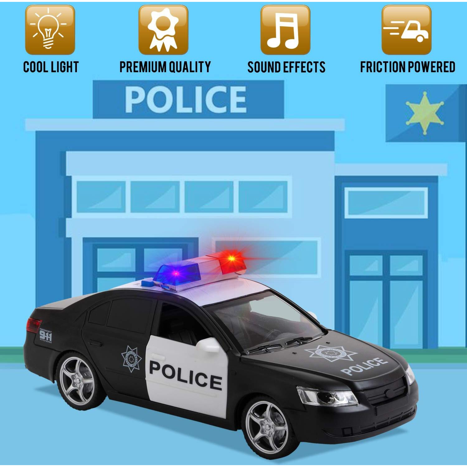 Toy To Enjoy Friction Powered Police Car With Light & Sounds - Heavy Duty Plastic Vehicle Toy For Kids & Children - Openable Doors, Detailed Interior