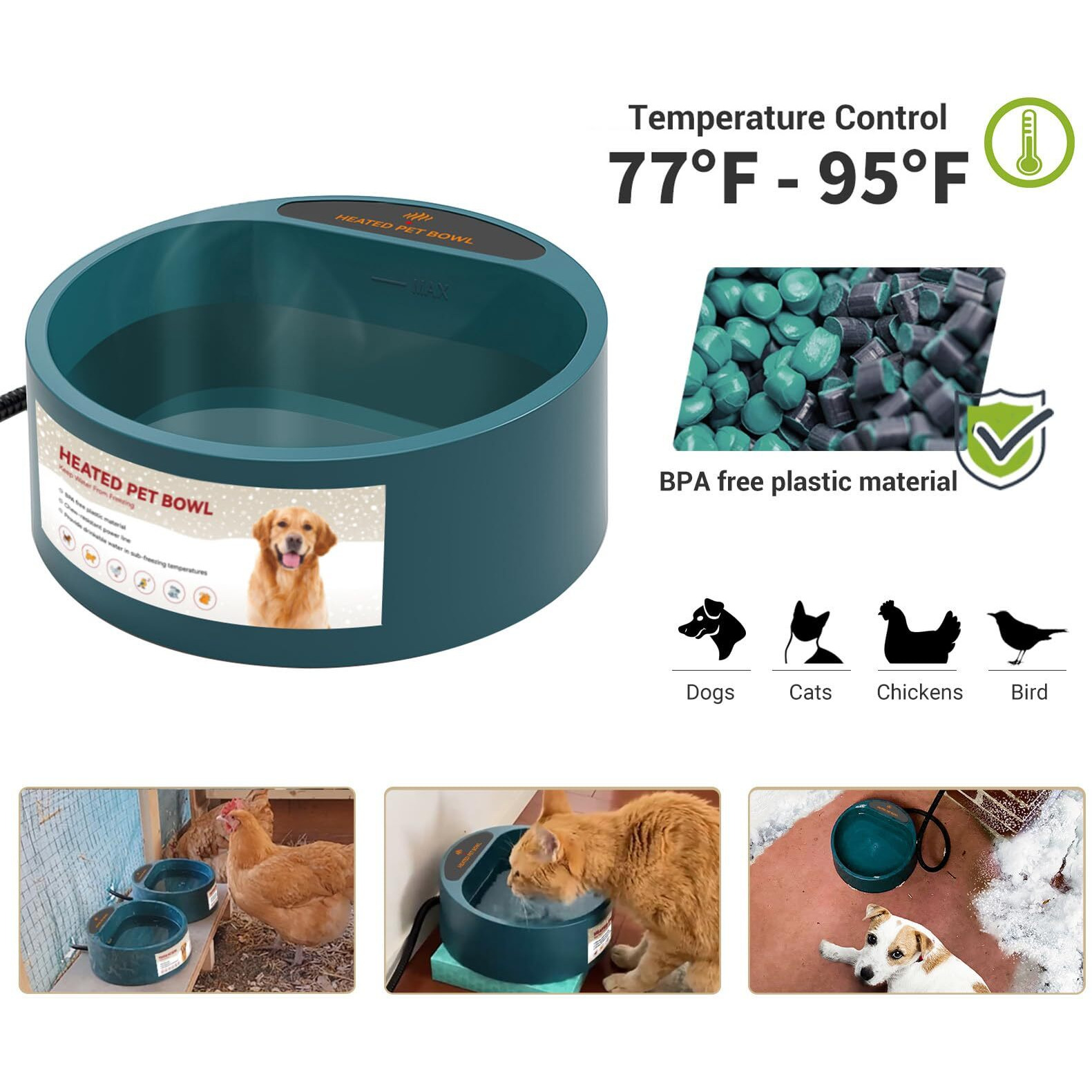 Petleso Heated Water Bowl For Dog, Heated Dog Bowl For Cats Birds Chicken Water Heater, Outdoor Dog Bowl Provides Drinkable Water In Frozon Winter, 0.58 Gallon