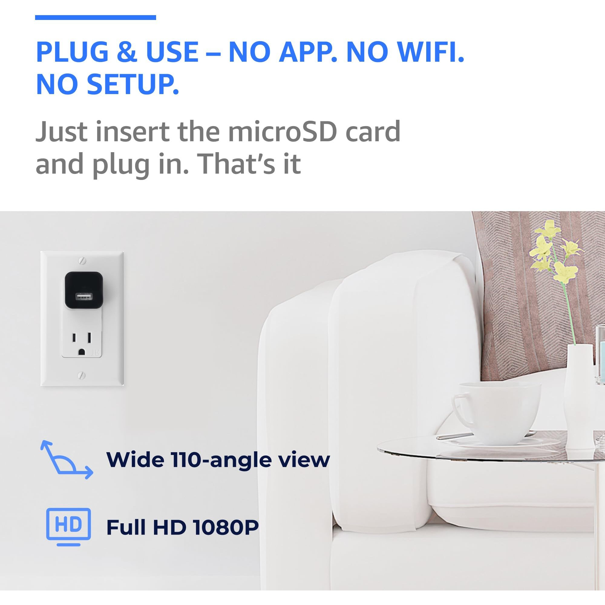 Alpha Tech Plug-In 1080P Hd Mini Camera - Premium, 110 Wide View - Plug & Use - Wifi-Free Setup - Compact Usb Cam For Simple, Reliable Indoor Use - Easy File Access - Ideal For Pets Nanny