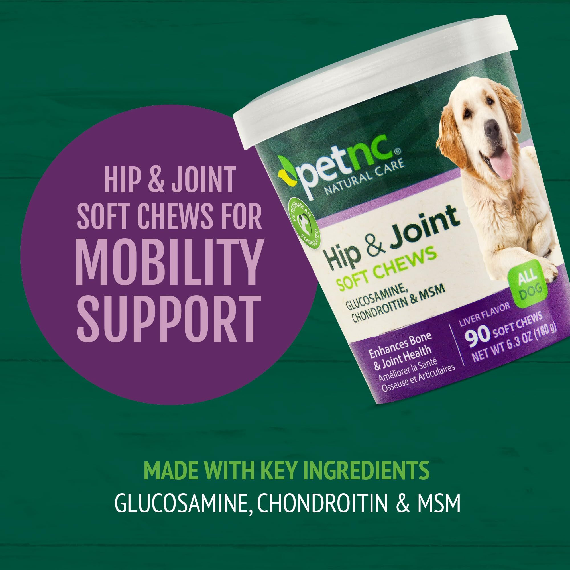 Petnc Natural Care Hip & Joint Health Supplement For Dogs (90 Chews), Glucosamine Chondroitin Msm Dog Chews With Hyaluronic Acid, Liver Flavored Bone & Joint Support Supplement, For All Breeds