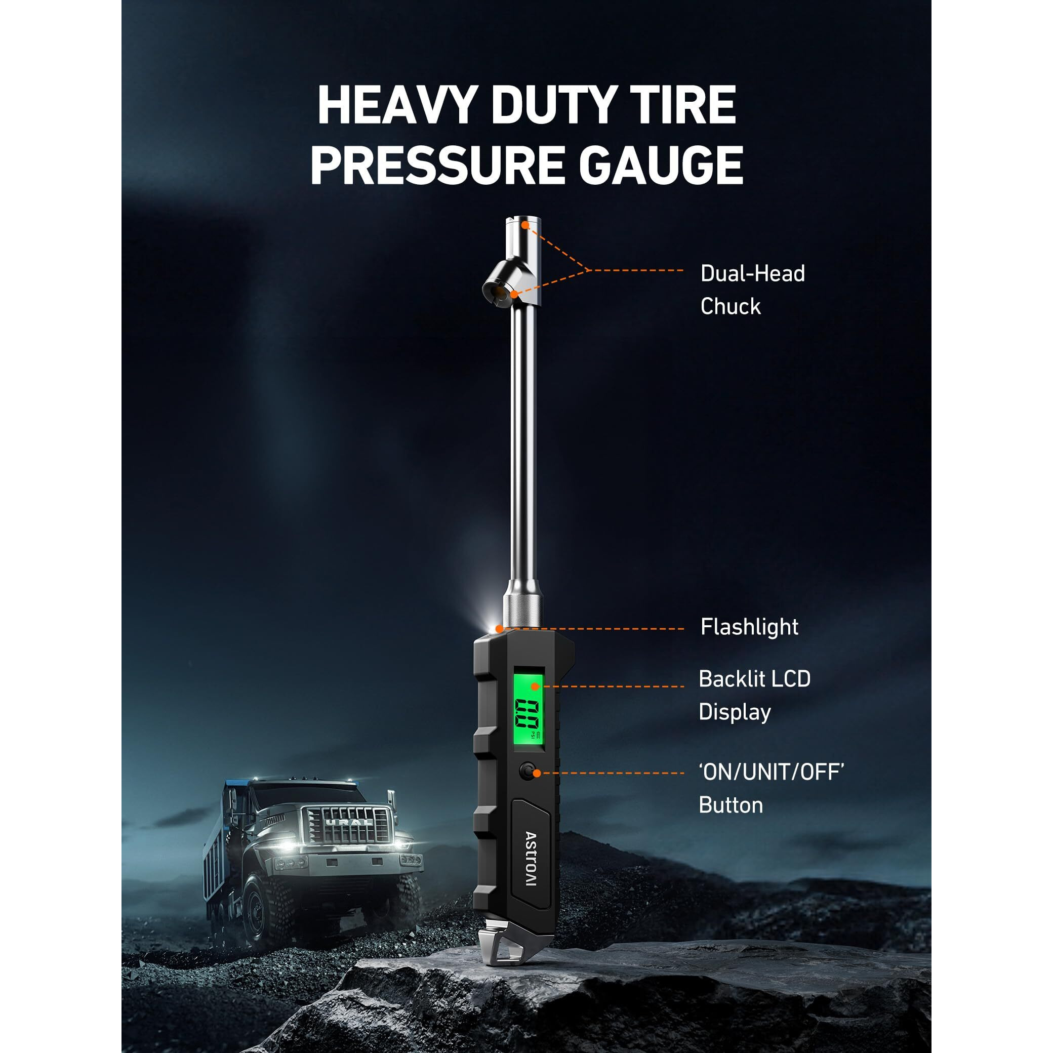 Astroai Digital Tire Pressure Gauge 230 Psi Heavy Duty Dual Head Stainless Steel Made For Truck And Rv With Backlit Lcd And Flashlight Car Accessories