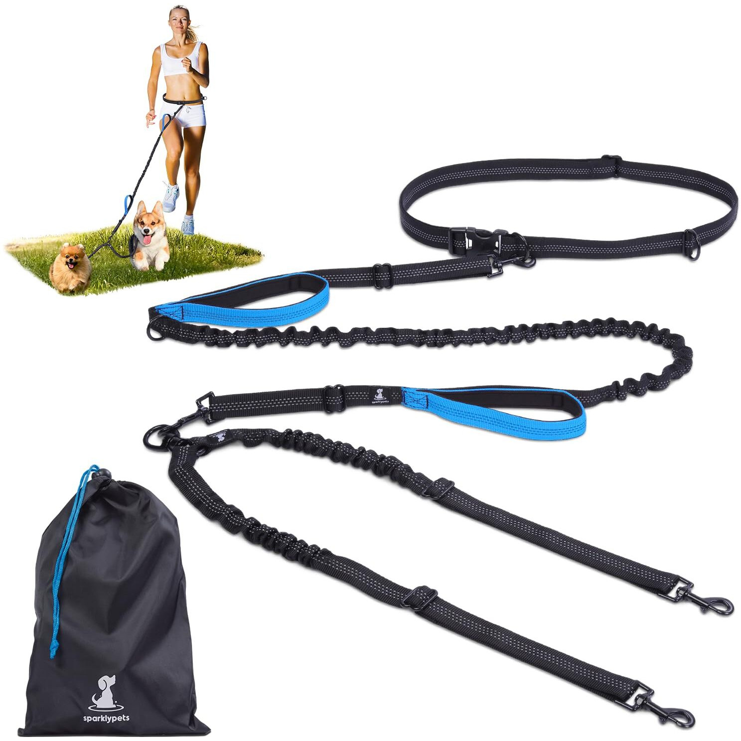 Sparklypets Hands Free Double Dog Leash - Dual Leash For Medium And Large Breeds - Lead For 2 Dogs With Padded Handles, Reflective Stitches, No Pull, Tangle Free